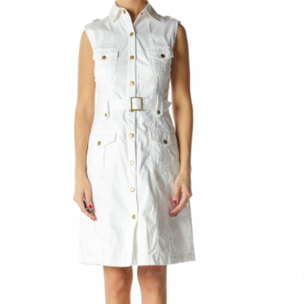 White Calvin Klein I Utility Safari Dress, Wht/Cr Sleeveless Brass Buckl…
